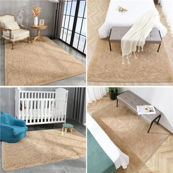 Beige Shaggy Rugs for Bedroom Living Room, Super Soft Fluffy Fuzzy Area Rug - Picture 5 of 7